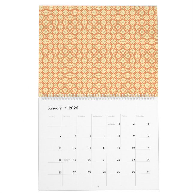Calendrier arrière - plan orange et blanc avec motif (Jan 2026)