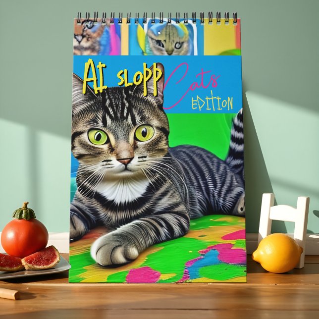 Calendrier Art de chat laid sauvagement bizarre AI Slop surré (Wildly absurd, AI-generated cats in chaotic, colorful, and ironic situations. Perfectly messy!)