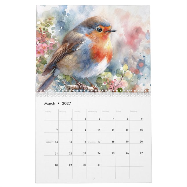 Calendrier artistique de l'aquarelle des oiseaux (Mar 2027)