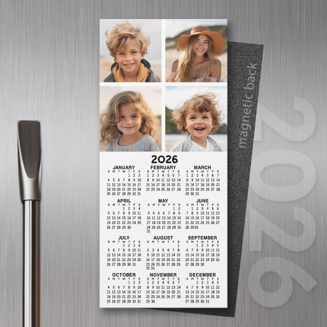 Calendrier avec 4 Photo Collage - Magnet moderne (2026 Calendar Magnet for the Fridge or Home Office - Add a Photo for a Personal Touch)