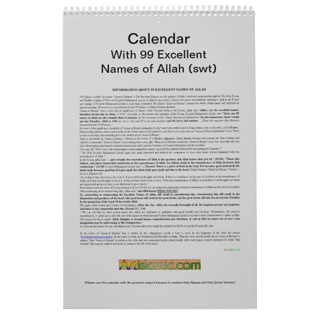 Calendrier avec 99 noms d'Allah (swt) - Dieu (Protection)
