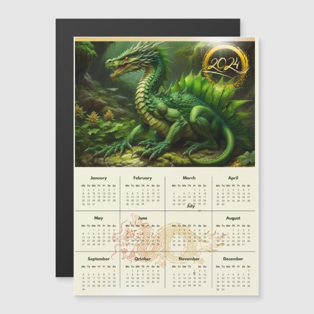Calendrier avec dragon vert. Calendrier pour 2024 (Devant / Derrière)