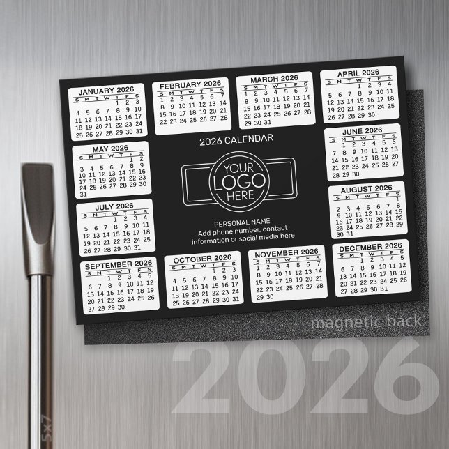 Calendrier avec logo Contact Info noir - Magnet (2026 Calendar with a Place for your logo - Hand Out To Clients as a Thank You Gift!)