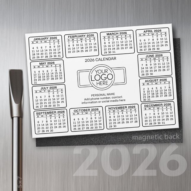 Calendrier avec logo Contact Information Magnet (2026 Calendar with a Place for your logo - Hand Out To Clients as a Thank You Gift!)
