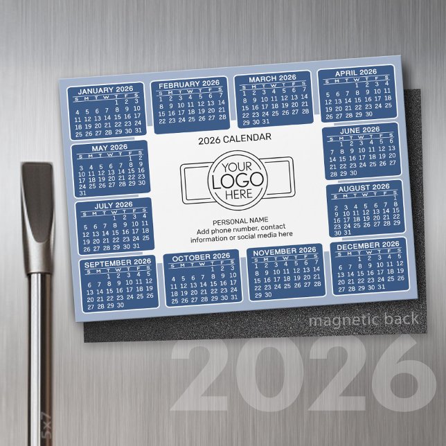 Calendrier avec logo Coordonnées Blue Magnet (2026 Calendar with a Place for your logo - Hand Out To Clients as a Thank You Gift!)