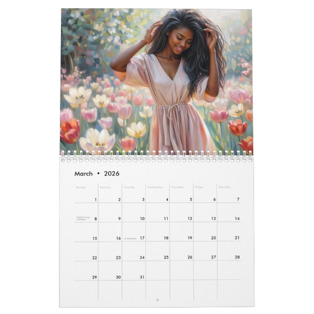 Calendrier Beautiful Black Women Floral Artwork Calendar (Mar 2026)