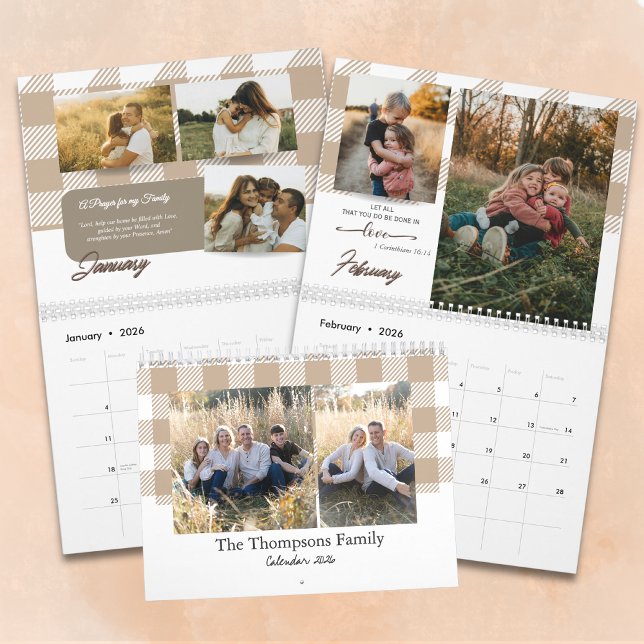 Calendrier Bible Verse Beige Buffalo Plaid Family Photo (Créateur téléchargé)
