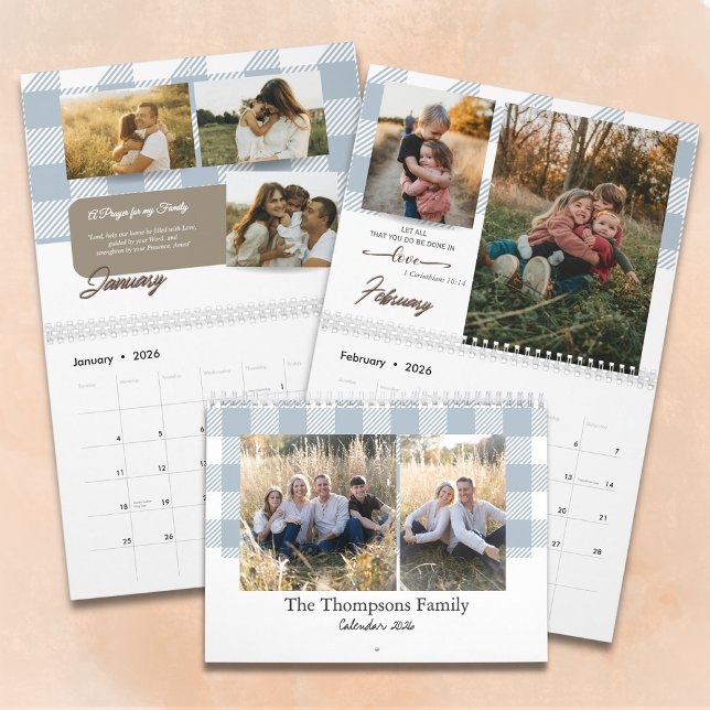 Calendrier Bible Verse Dusty Blue Buffalo Plaid Family Photo (Créateur téléchargé)