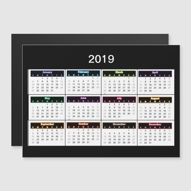 Calendrier Black Mini Magnet 2019 (Devant / Derrière)