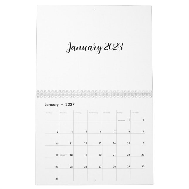 Calendrier blanc 2023 avec texte de script (Jan 2027)
