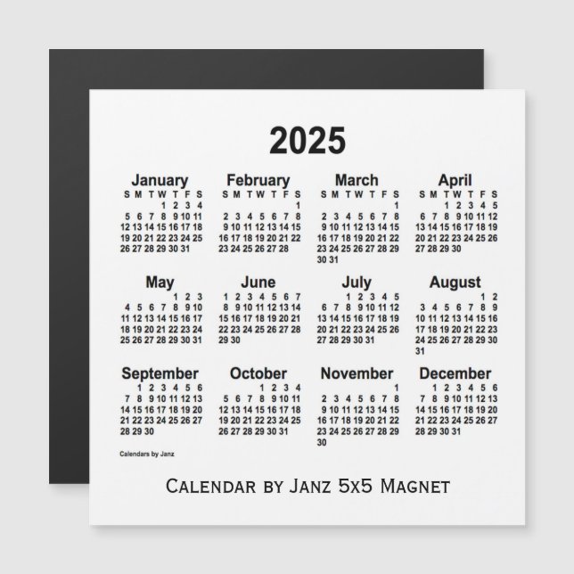 Calendrier blanc 2025 par Janz 5x5 Magnet (Devant / Derrière)