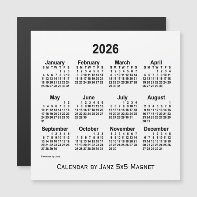 Calendrier blanc 2026 par Janz 5x5 Magnet (Devant / Derrière)