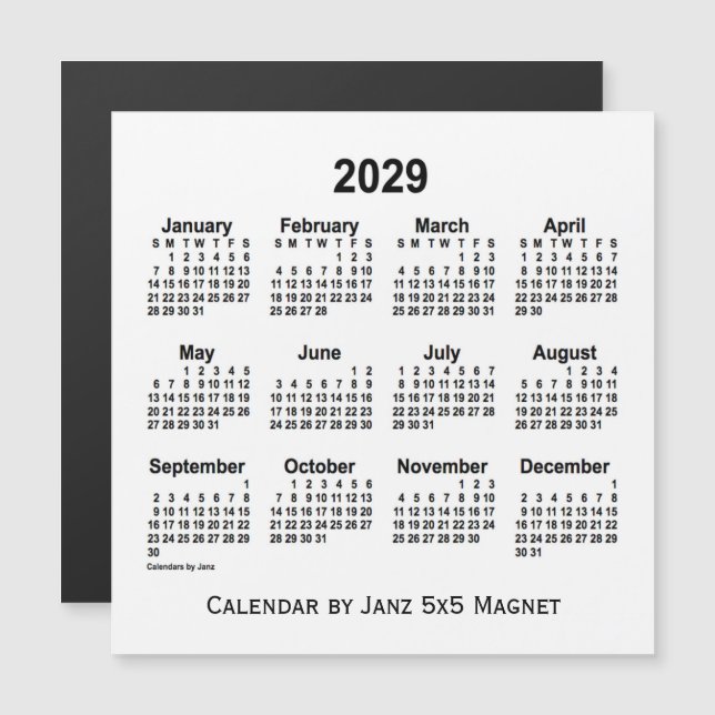 Calendrier blanc 2029 par Janz 5x5 Magnet (Devant / Derrière)