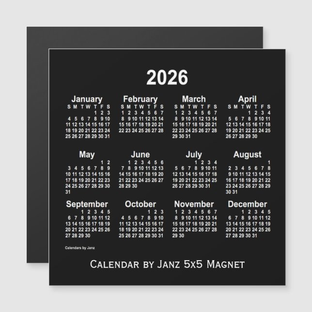Calendrier blanc Neon 2026 par Janz 5x5 Magnet (Devant / Derrière)