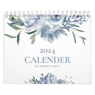 Calendrier bleu floral moderne photo personnalisée 2024 calen