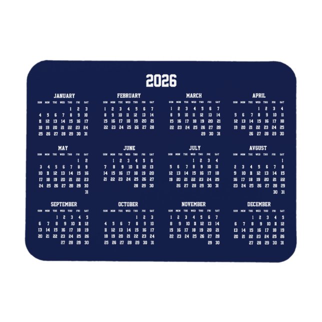 Calendrier bleu marine 2026 Magnet flexible (Horizontal)