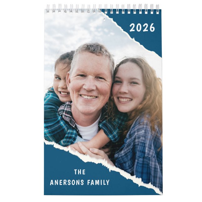 Calendrier Blue and White Scrapbook Custom Family Photo 2026  (Protection)