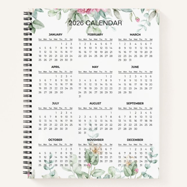 Calendrier Botanique Élégant Simple 2026 |  Cahier (Devant)