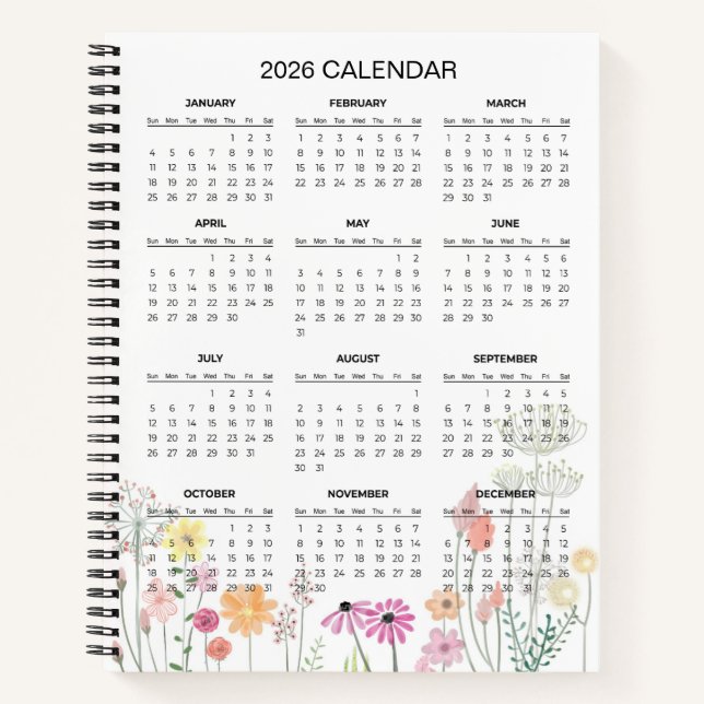 Calendrier Botanique Élégant Simple 2026 |  Cahier (Devant)