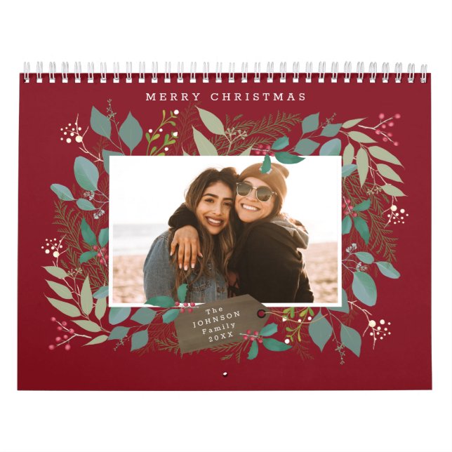 Calendrier Cadeau de Noël Feuillage d'hiver Rouge Vert Photo (Protection)