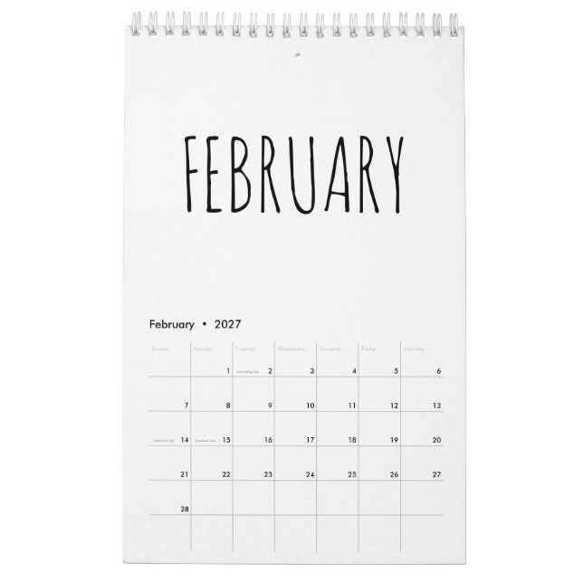 Calendrier Calligraphie simple en noir et blanc (Feb 2027)