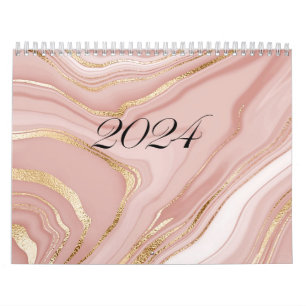Calendrier Calwndar 2024 motif en marbre rose avec or