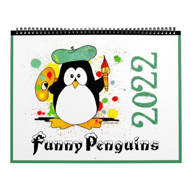 Calendrier Caricature de pingouins amusant coloré Art Green 2 (Protection)