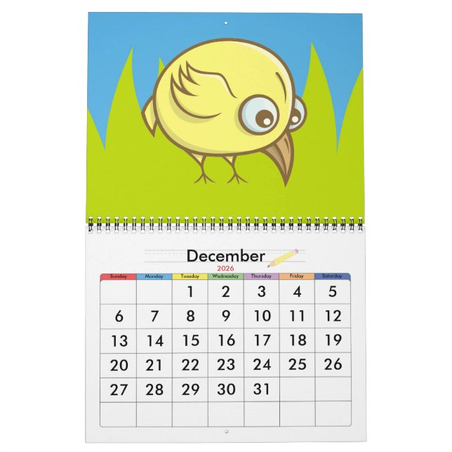 Calendrier Caricature d'oiseau jaune (Dec 2026)