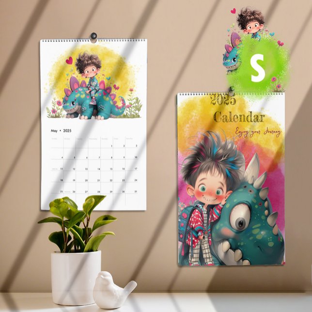 Calendrier Caricature pour garçons et dinosaures 2025 (Quirky Boy & Dinosaur Cartoon Calendar - small)
