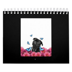 Calendrier Carlin Noir Avec Papillons Bleus Et Gerberas