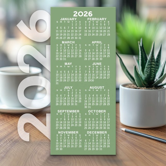 Calendrier - Carte verte minimaliste moderne grand (2026 Calendar on Cardstock - Simple, Minimal Design)