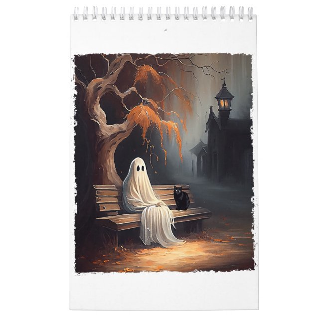 Calendrier Chat Noir Et Fantôme Assis Sur Le Banc Halloween D (Protection)