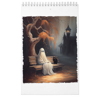 Calendrier Chat Noir Et Fantôme Assis Sur Le Banc Halloween D