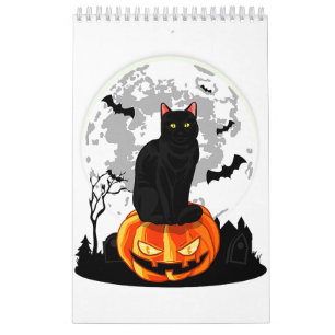 Calendrier Chat noir sur T-shirt Citrouille - Halloween Plein