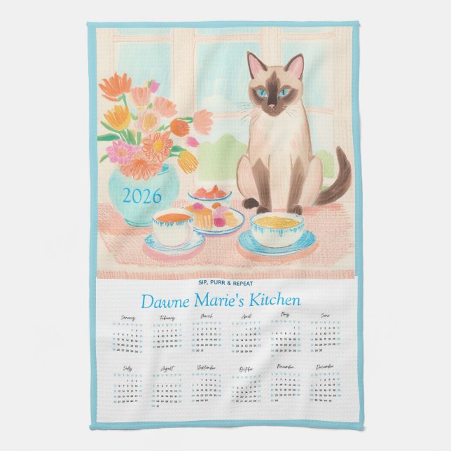 Calendrier Chat Siamois, Tasses à Thé et Torchons (Vertical)