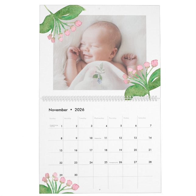 Calendrier Chic aquarelle Floral Editable Année Photo (Nov 2026)