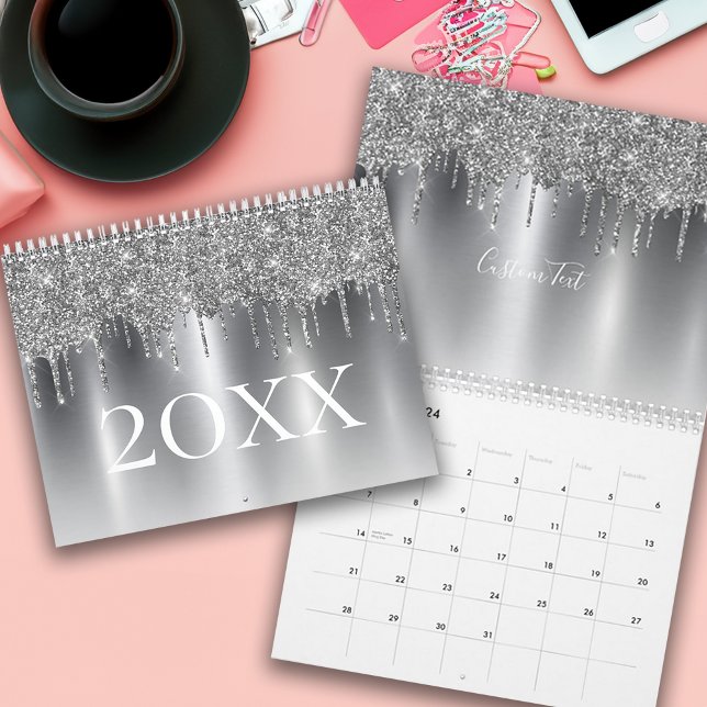 Calendrier Chic gris argenté Parties scintillant Ombre Monogr (Chic Silver Gray Glitter Ombre Monogram Calendar)