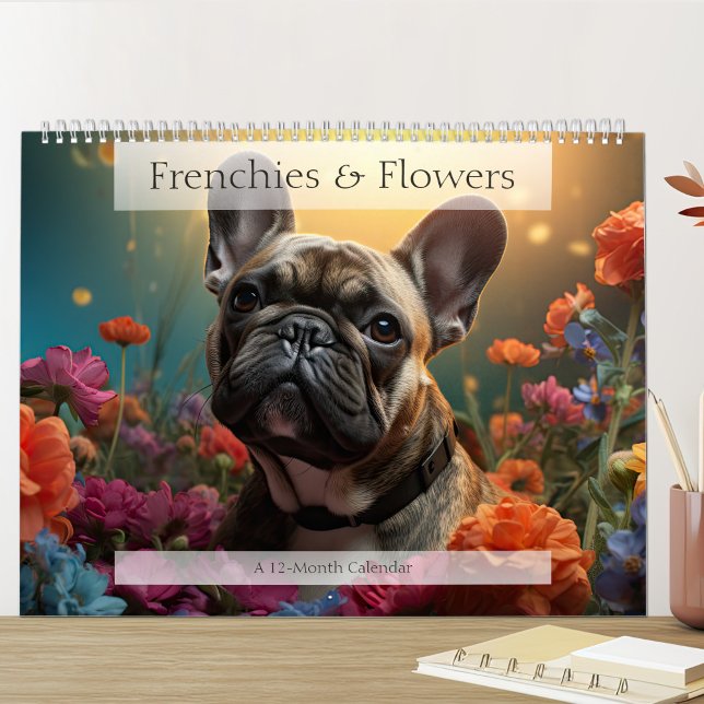 Calendrier Chiens de taureaux français adorables avec fleurs (Créateur téléchargé)