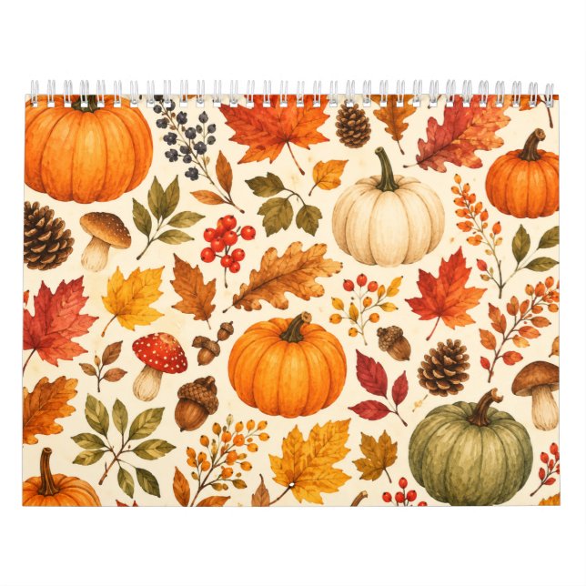 Calendrier Citrouilles aquarelles d'automne, feuilles d'autom (Protection)
