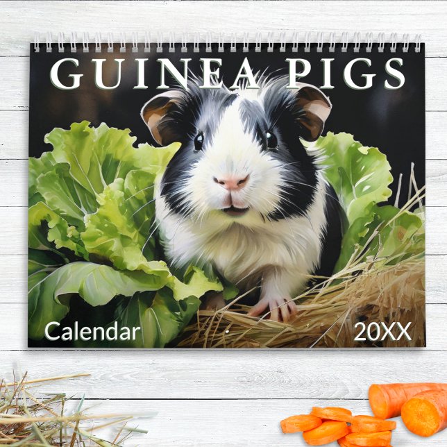 Calendrier Cochons d'Inde Mignons Amoureux des Animaux Aquare (A wall calendar with a guinea pig illustration for each month in a watercolor style)