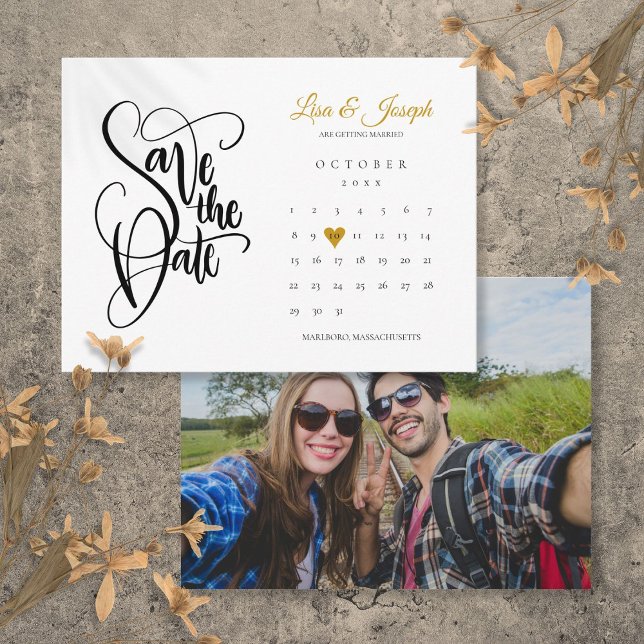 Calendrier Cœur Doré Photo Script Faire-Part de Da (Calendar Gold Heart Photo Script Save the Date Announcement Postcard)