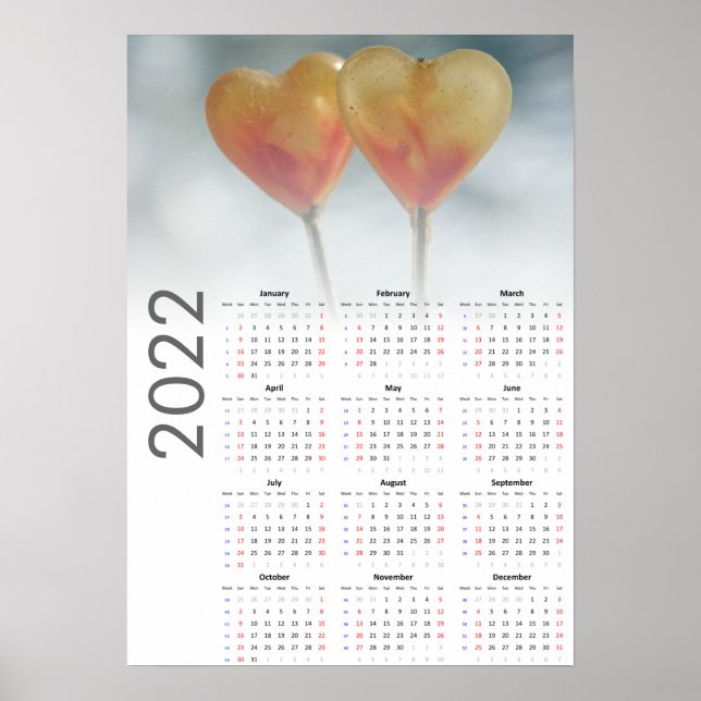 Calendrier coeurs 2022 Poster - dimanche en premie (Devant)