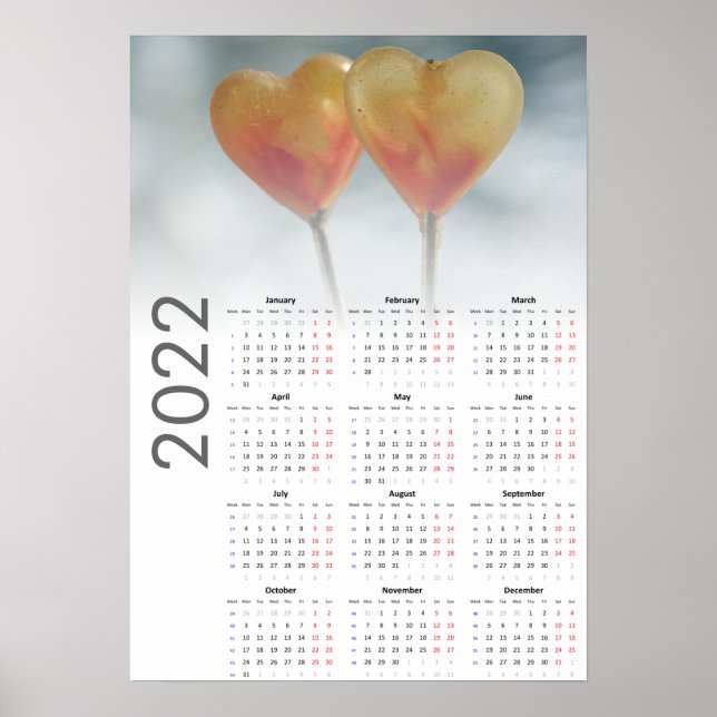 Calendrier coeurs 2022 Poster - Lundi en premier (Devant)