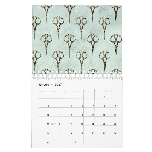 Calendrier Coiffeur-coiffeur Vintage à ciseaux dorés (Jan 2027)