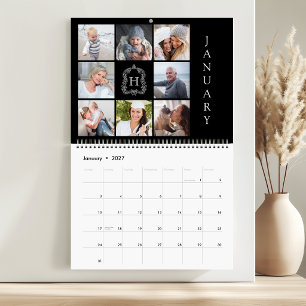 Calendrier Collage de photos de famille Monogramme Crête Noir