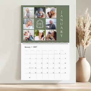 Calendrier Collage de photos de famille Monogramme Crête Vert