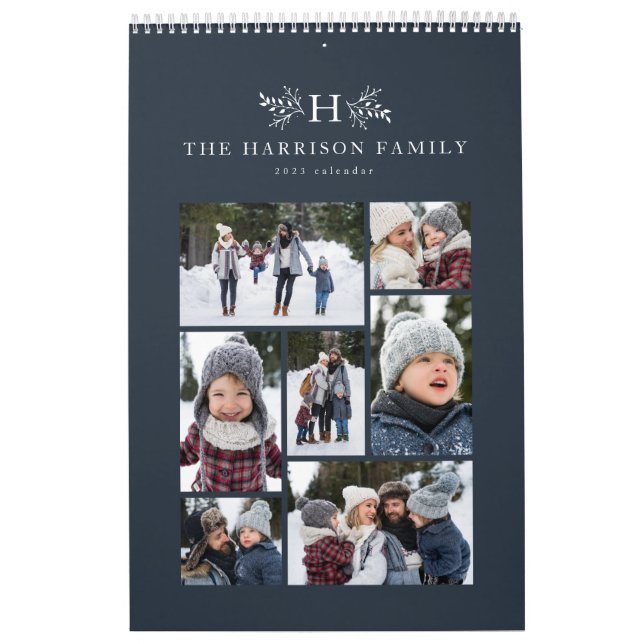 Calendrier Collage photo de famille monogramme rustique bleu  (Protection)