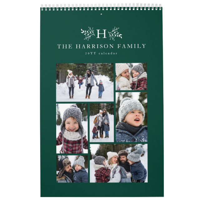 Calendrier Collage photo de famille rustique monogramme vert (Protection)