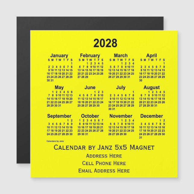 Calendrier commercial jaune 2028 par Janz (Devant / Derrière)
