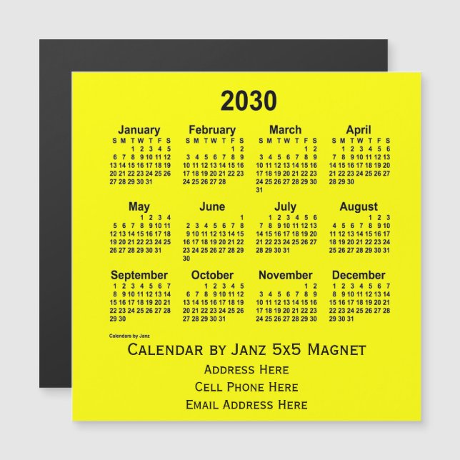 Calendrier commercial jaune 2030 par Janz (Devant / Derrière)